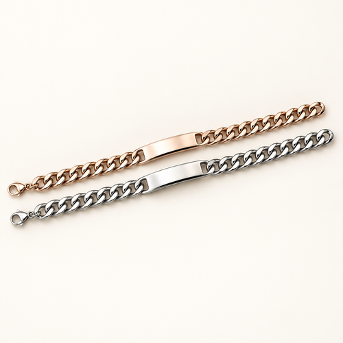 Edelstahl-Panzerarmband in Silber und Roségold mit polierter Gravurplatte – Farbvergleich