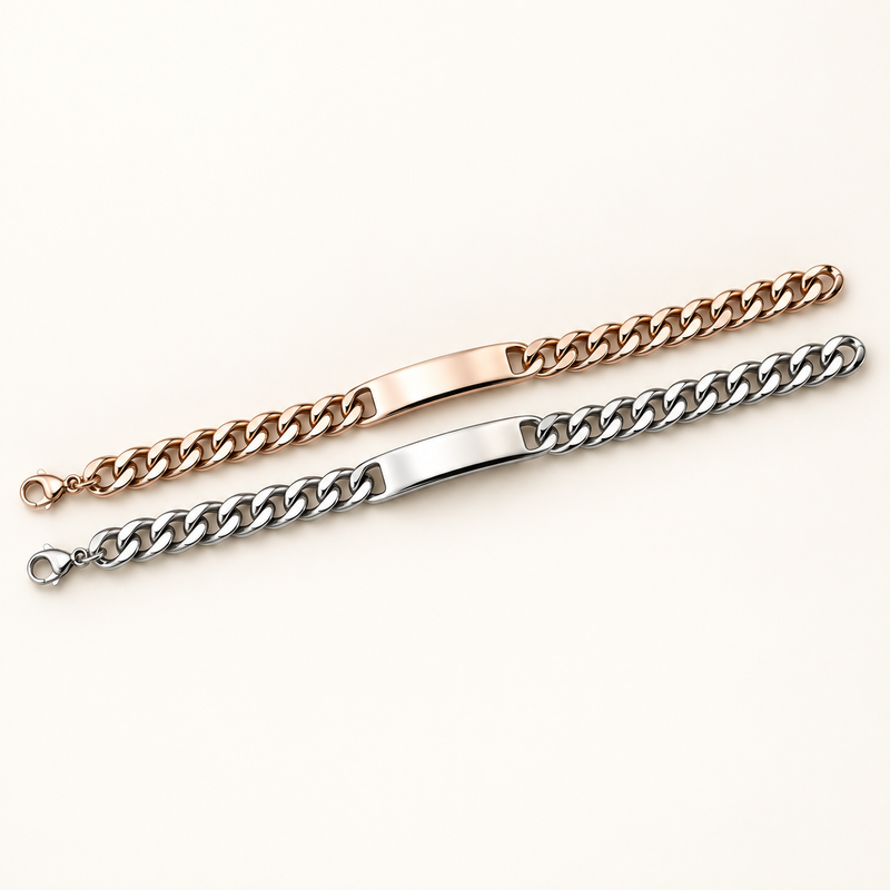 Edelstahl-Panzerarmband in Silber und Roségold mit polierter Gravurplatte – Farbvergleich