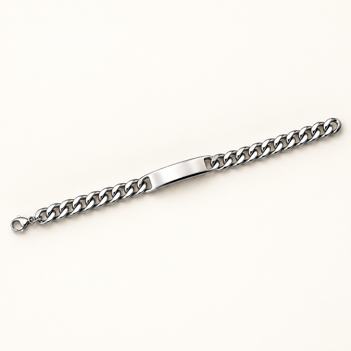 Einzelnes Edelstahl-Panzerarmband in Silber mit blanker Gravurplatte und Karabinerverschluss