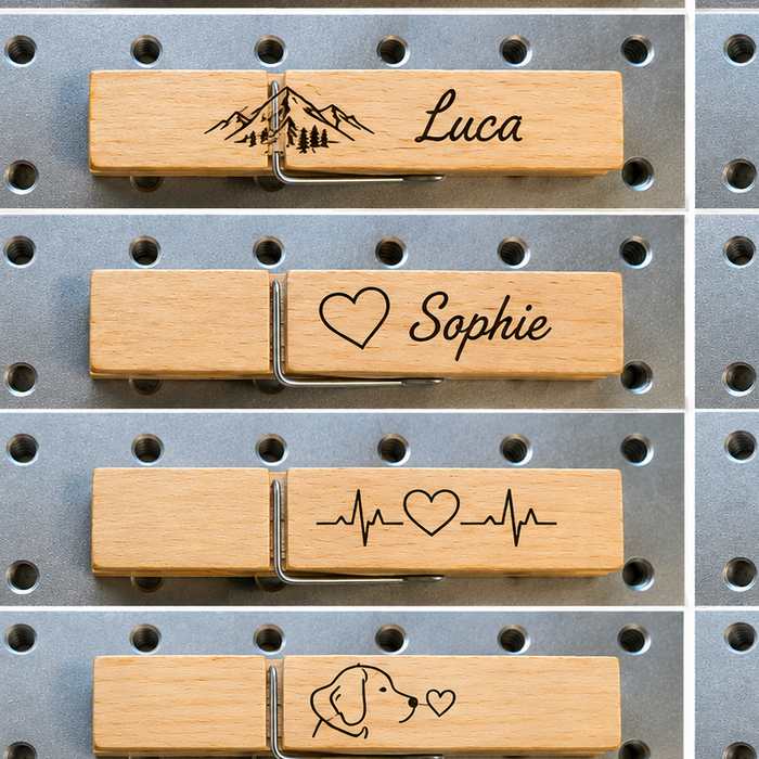 Personalisierte Holzklammern mit Gravur – 4er Set