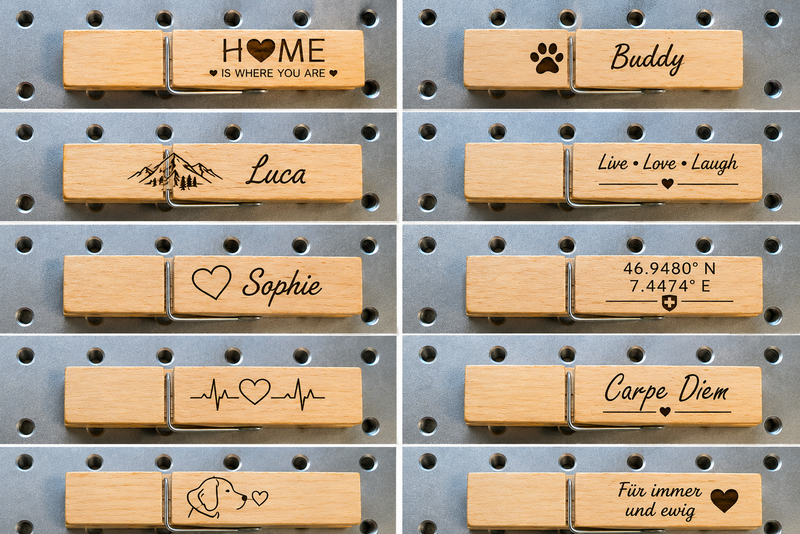 Personalisierte Holzklammern mit Gravur – 4er Set