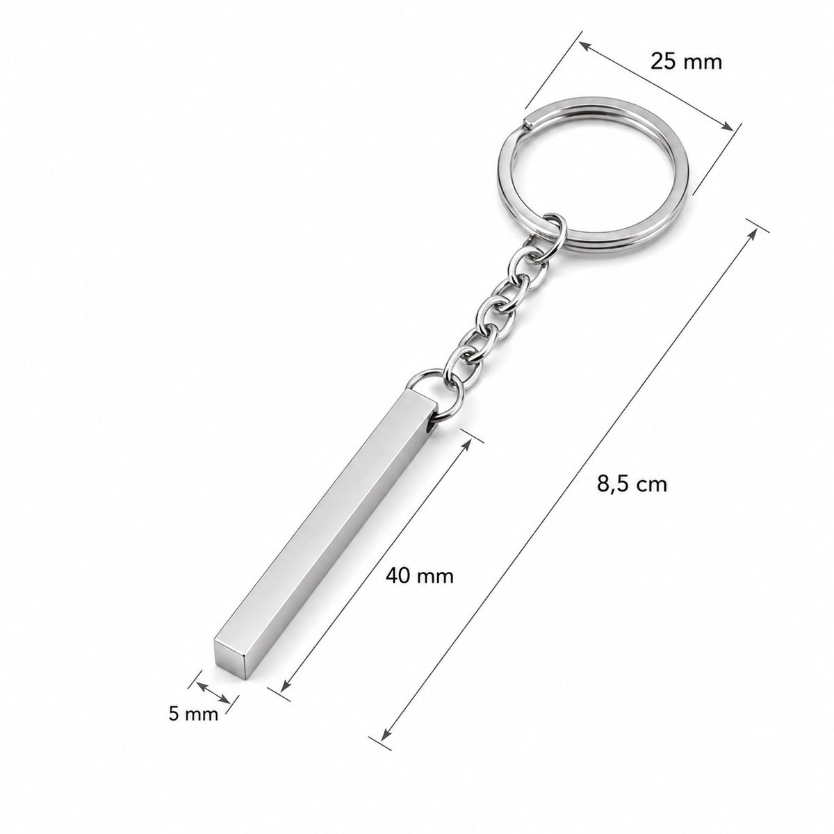 Personalisierter Edelstahl-Stab-Schlüsselanhänger mit Massen 40 × 5 × 5 mm und Schlüsselring